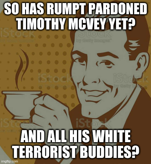 Mug Approval | SO HAS RUMPT PARDONED TIMOTHY MCVEY YET? AND ALL HIS WHITE TERRORIST BUDDIES? | image tagged in mug approval | made w/ Imgflip meme maker