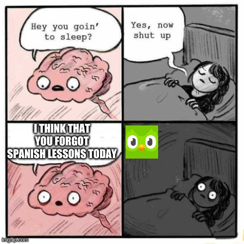 Hey you going to sleep? | I THINK THAT YOU FORGOT SPANISH LESSONS TODAY | image tagged in hey you going to sleep | made w/ Imgflip meme maker