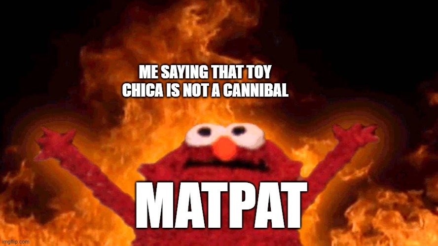 E | ME SAYING THAT TOY CHICA IS NOT A CANNIBAL; MATPAT | image tagged in elmo fire,fnaf | made w/ Imgflip meme maker