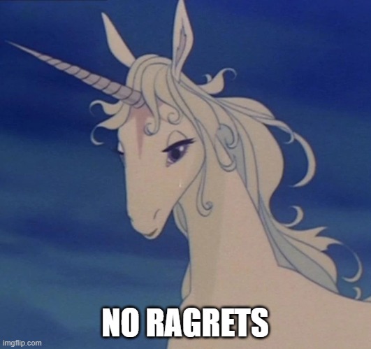 First last Unicorn | NO RAGRETS | image tagged in unicorn,no ragrets | made w/ Imgflip meme maker
