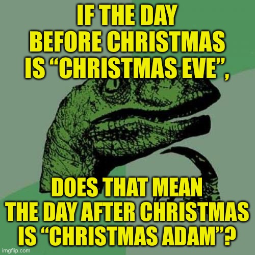 Christmas and New Year both | IF THE DAY BEFORE CHRISTMAS IS “CHRISTMAS EVE”, DOES THAT MEAN THE DAY AFTER CHRISTMAS IS “CHRISTMAS ADAM”? | image tagged in memes,philosoraptor,adam and eve,christmas,upvote if you agree,funny | made w/ Imgflip meme maker