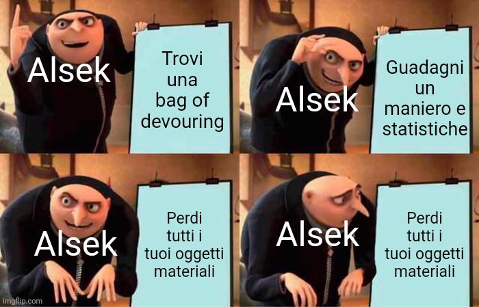 Gru's Plan Meme | Alsek; Trovi una bag of devouring; Guadagni un maniero e statistiche; Alsek; Perdi tutti i tuoi oggetti materiali; Perdi tutti i tuoi oggetti materiali; Alsek; Alsek | image tagged in memes,gru's plan | made w/ Imgflip meme maker