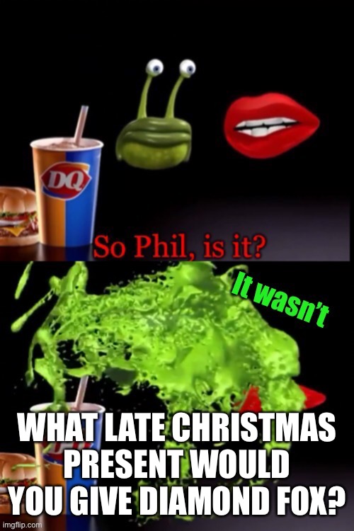 So Phil is it? (It wasn’t) | WHAT LATE CHRISTMAS PRESENT WOULD YOU GIVE DIAMOND FOX? | image tagged in so phil is it it wasn t | made w/ Imgflip meme maker