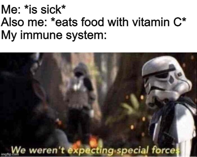 Vitamin C | Me: *is sick*
Also me: *eats food with vitamin C*
My immune system: | image tagged in we weren't expecting special forces | made w/ Imgflip meme maker