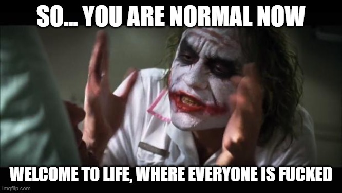 And everybody loses their minds Meme | SO... YOU ARE NORMAL NOW WELCOME TO LIFE, WHERE EVERYONE IS FUCKED | image tagged in memes,and everybody loses their minds | made w/ Imgflip meme maker