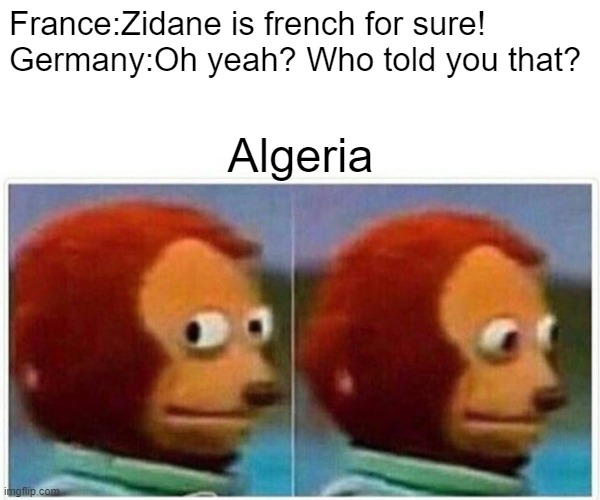 Monkey Puppet Meme | France:Zidane is french for sure!
Germany:Oh yeah? Who told you that? Algeria | image tagged in memes,monkey puppet | made w/ Imgflip meme maker