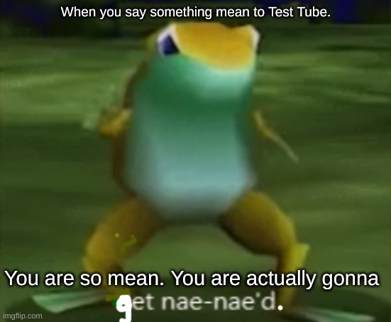 get naenaed you frick | When you say something mean to Test Tube. You are so mean. You are actually gonna | image tagged in get nae-nae d | made w/ Imgflip meme maker