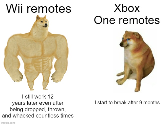 Buff Doge vs. Cheems | Wii remotes; Xbox One remotes; I still work 12 years later even after being dropped, thrown, and whacked countless times; I start to break after 9 months | image tagged in memes,buff doge vs cheems,wii,xbox | made w/ Imgflip meme maker