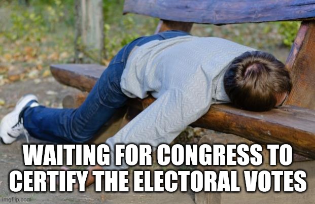 The longest two weeks ever. | WAITING FOR CONGRESS TO CERTIFY THE ELECTORAL VOTES | image tagged in exhausted | made w/ Imgflip meme maker