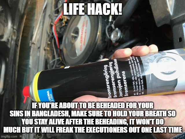 Life Hack | LIFE HACK! IF YOU'RE ABOUT TO BE BEHEADED FOR YOUR SINS IN BANGLADESH, MAKE SURE TO HOLD YOUR BREATH SO YOU STAY ALIVE AFTER THE BEHEADING, IT WON'T DO MUCH BUT IT WILL FREAK THE EXECUTIONERS OUT ONE LAST TIME | image tagged in life hack | made w/ Imgflip meme maker