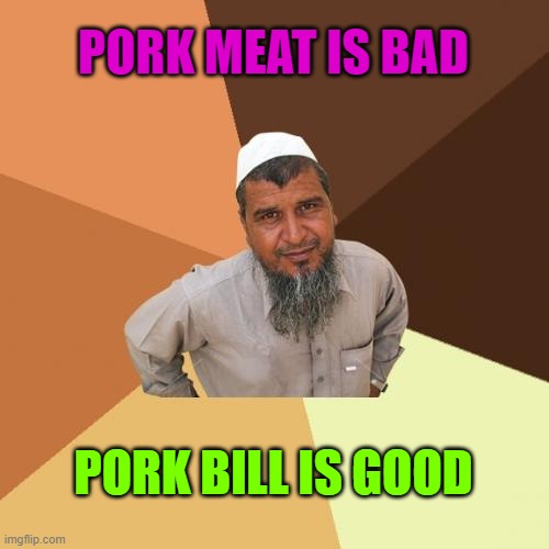 Pork meat is bad; Pork bill is good | PORK MEAT IS BAD; PORK BILL IS GOOD | image tagged in memes,ordinary muslim man | made w/ Imgflip meme maker
