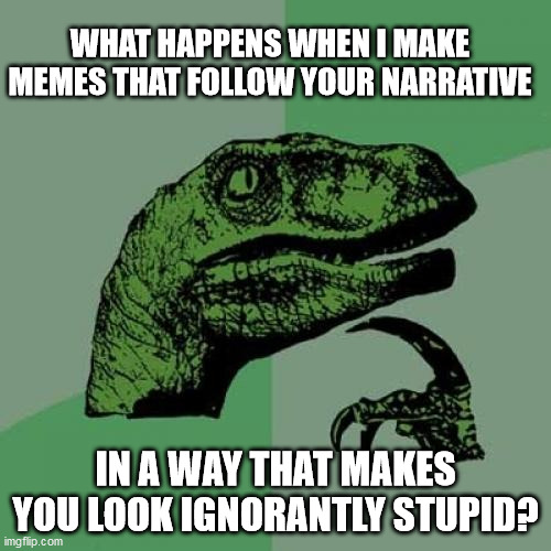 Philosoraptor Meme | WHAT HAPPENS WHEN I MAKE MEMES THAT FOLLOW YOUR NARRATIVE; IN A WAY THAT MAKES YOU LOOK IGNORANTLY STUPID? | image tagged in memes,philosoraptor | made w/ Imgflip meme maker