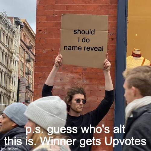 should i do name reveal; p.s. guess who's alt this is. Winner gets Upvotes | image tagged in memes,guy holding cardboard sign | made w/ Imgflip meme maker