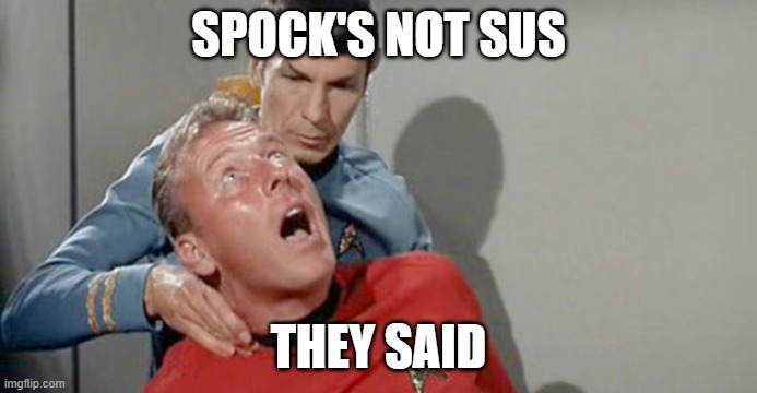 red shirt is sus | SPOCK'S NOT SUS; THEY SAID | image tagged in neck pain spock | made w/ Imgflip meme maker