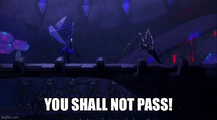 Soundwave Airachnid stand off | YOU SHALL NOT PASS! | image tagged in soundwave,airachnid,transformers,transformers prime,tfp,decepticon | made w/ Imgflip meme maker
