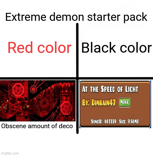 Extreme Demon Starter Pack | Extreme demon starter pack; Red color; Black color; Obscene amount of deco | image tagged in memes,blank starter pack,geometry dash | made w/ Imgflip meme maker