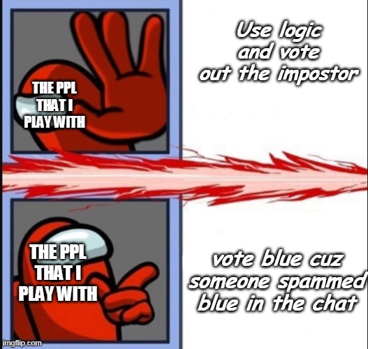 i hate when that happens | Use logic and vote out the impostor; THE PPL THAT I PLAY WITH; vote blue cuz someone spammed blue in the chat; THE PPL THAT I PLAY WITH | image tagged in crewmate nah yeah | made w/ Imgflip meme maker