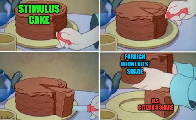 Parsing out that covid stimulu | STIMULUS CAKE; FOREIGN COUNTRIES' SHARE; U.S. CITIZEN'S SHARE | image tagged in cake cutting,covid,stimulus | made w/ Imgflip meme maker