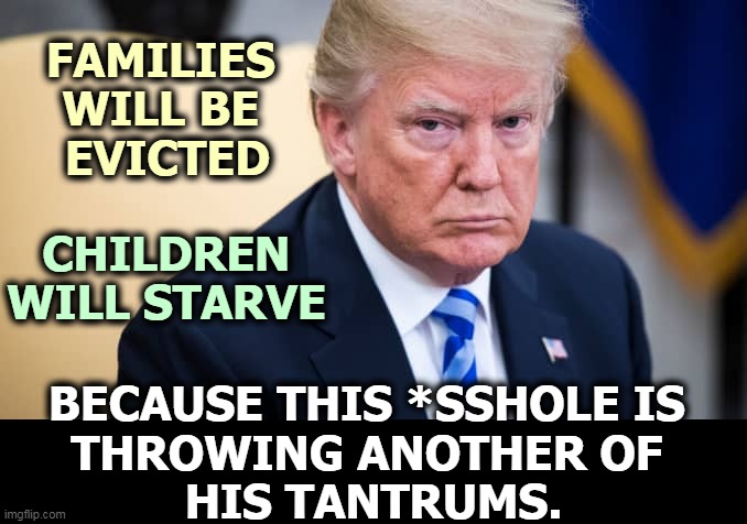 F*cking child. | FAMILIES 
WILL BE 
EVICTED; CHILDREN WILL STARVE; BECAUSE THIS *SSHOLE IS 
THROWING ANOTHER OF 
HIS TANTRUMS. | image tagged in trump dilated mad as a hatter,child,tantrum,worst | made w/ Imgflip meme maker