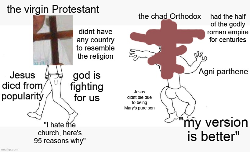 Virgin vs Chad | the chad Orthodox; the virgin Protestant; had the half of the godly roman empire for centuries; didnt have any country to resemble the religion; Agni parthene; Jesus died from popularity; god is fighting for us; Jesus didnt die due to being Mary's pure son; "my version is better"; "I hate the church, here's 95 reasons why" | image tagged in virgin vs chad | made w/ Imgflip meme maker