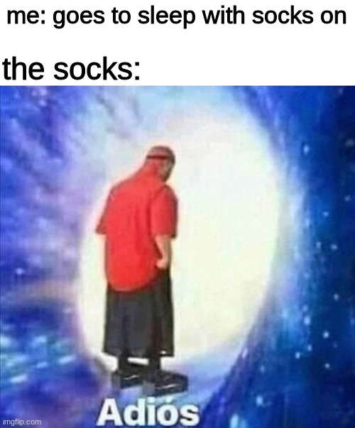 Adios | me: goes to sleep with socks on; the socks: | image tagged in adios | made w/ Imgflip meme maker