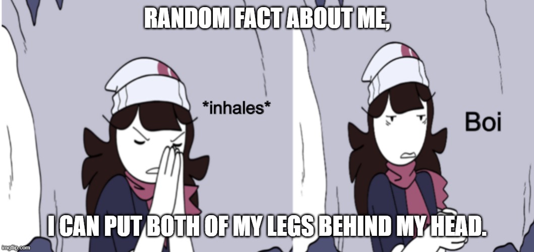 Jaiden Animations boi | RANDOM FACT ABOUT ME, I CAN PUT BOTH OF MY LEGS BEHIND MY HEAD. | image tagged in jaiden animations boi | made w/ Imgflip meme maker