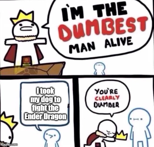 really? you're stupid alright | I took my dog to fight the Ender Dragon | image tagged in dumbest man alive retires from a dumber man's message | made w/ Imgflip meme maker