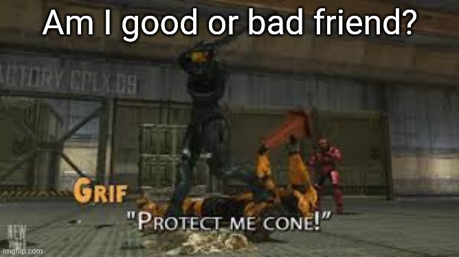 Protect me cone | Am I good or bad friend? | image tagged in protect me cone | made w/ Imgflip meme maker