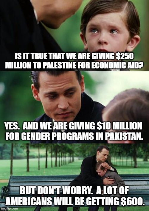 $600 for Us Americans | IS IT TRUE THAT WE ARE GIVING $250 MILLION TO PALESTINE FOR ECONOMIC AID? YES.  AND WE ARE GIVING $10 MILLION 
FOR GENDER PROGRAMS IN PAKISTAN. BUT DON'T WORRY.  A LOT OF  AMERICANS WILL BE GETTING $600. | image tagged in memes,finding neverland,nancy pelosi,covid,relief bill,pork | made w/ Imgflip meme maker