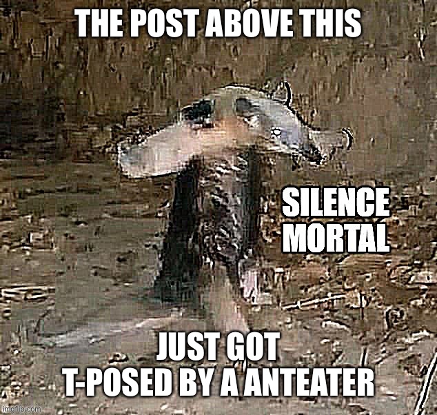 Silence Mortal Anteater | THE POST ABOVE THIS; JUST GOT T-POSED BY A ANTEATER | image tagged in silence mortal anteater | made w/ Imgflip meme maker