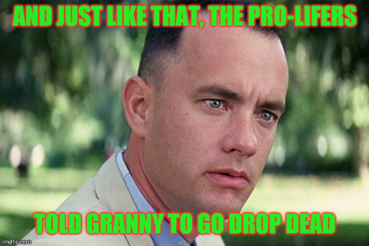 And Just Like That Meme | AND JUST LIKE THAT, THE PRO-LIFERS TOLD GRANNY TO GO DROP DEAD | image tagged in memes,and just like that | made w/ Imgflip meme maker