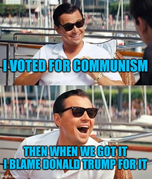 Leonardo Dicaprio Wolf Of Wall Street | I VOTED FOR COMMUNISM; THEN WHEN WE GOT IT I BLAME DONALD TRUMP FOR IT | image tagged in memes,leonardo dicaprio wolf of wall street | made w/ Imgflip meme maker
