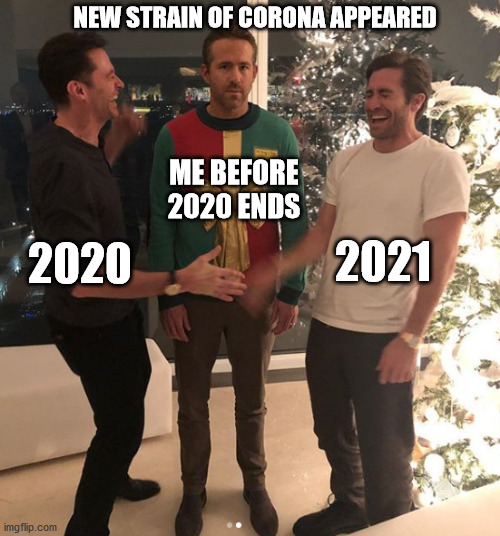 Me before 2020 ends | NEW STRAIN OF CORONA APPEARED; ME BEFORE 2020 ENDS; 2021; 2020 | image tagged in hugh jackman ryan reinolds jake gyllenhaal,2021,2020,happy new year,new year,coronavirus | made w/ Imgflip meme maker