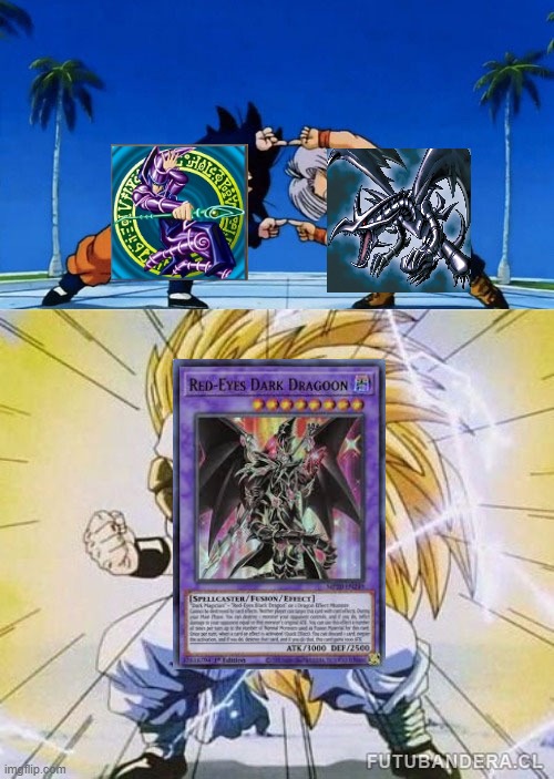 My first thoughts on Red-Eyes Drak Dragoon | image tagged in dbz fusion,yugioh | made w/ Imgflip meme maker