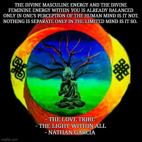 THE DIVINE MASCULINE ENERGY AND THE DIVINE FEMININE ENERGY WITHIN YOU IS ALREADY BALANCED ONLY IN ONE'S PERCEPTION OF THE HUMAN MIND IS IT NOT. NOTHING IS SEPARATE ONLY IN THE LIMITED MIND IS IT SO. - THE LOVE TRIBE 
- THE LIGHT WITHIN ALL
- NATHAN GARCIA | made w/ Imgflip meme maker