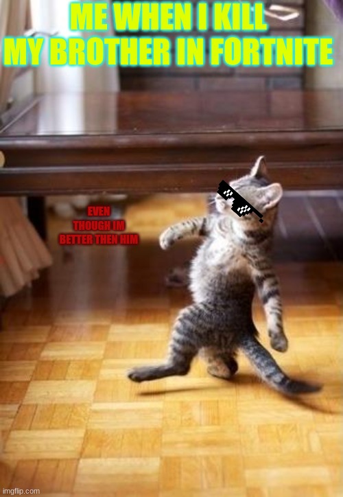 Cool Cat Stroll | ME WHEN I KILL MY BROTHER IN FORTNITE; EVEN THOUGH IM BETTER THEN HIM | image tagged in memes,cool cat stroll | made w/ Imgflip meme maker