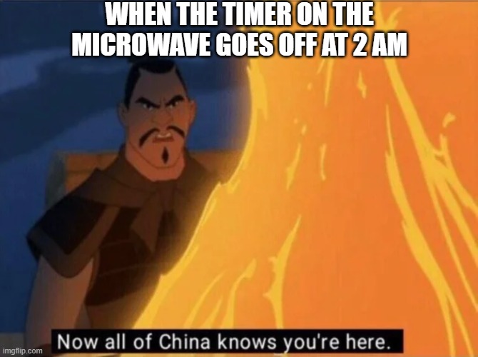 Now all of China knows you're here | WHEN THE TIMER ON THE MICROWAVE GOES OFF AT 2 AM | image tagged in now all of china knows you're here | made w/ Imgflip meme maker