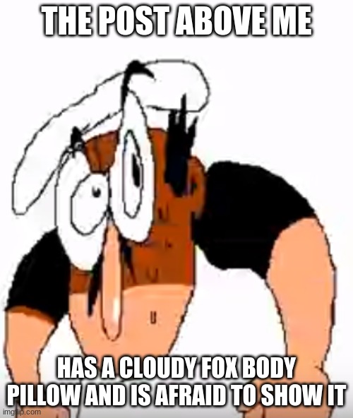 Angry Peppino | THE POST ABOVE ME; HAS A CLOUDY FOX BODY PILLOW AND IS AFRAID TO SHOW IT | image tagged in angry peppino | made w/ Imgflip meme maker