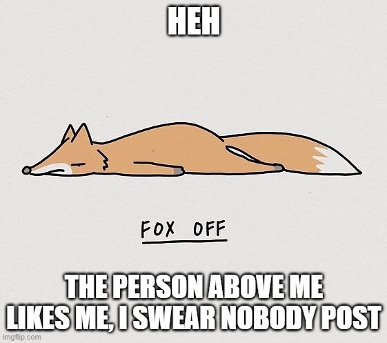 Fox off | HEH; THE PERSON ABOVE ME LIKES ME, I SWEAR NOBODY POST | image tagged in fox off | made w/ Imgflip meme maker