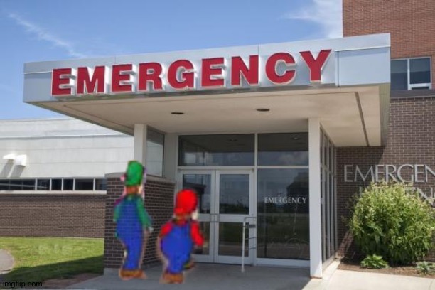 Mario and Luigi goes to the hospital | image tagged in hospital entrance,emergency,mario and luigi,hospital,mario,luigi | made w/ Imgflip meme maker