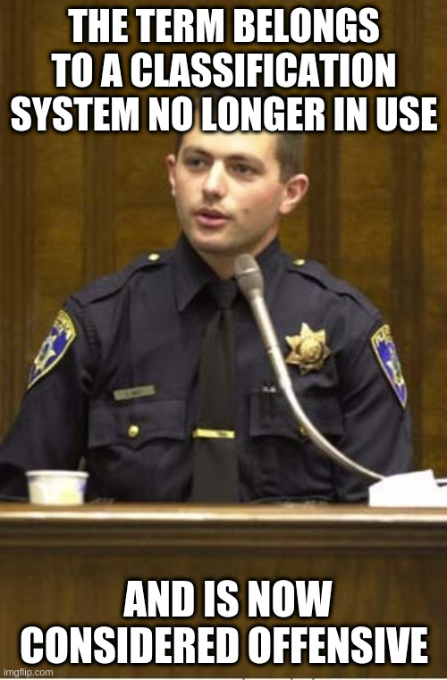 Guess that term | THE TERM BELONGS TO A CLASSIFICATION SYSTEM NO LONGER IN USE; AND IS NOW CONSIDERED OFFENSIVE | image tagged in memes,police officer testifying | made w/ Imgflip meme maker
