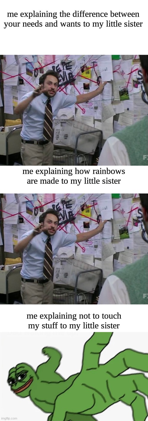 Im tired of teaching this moron :| | me explaining the difference between your needs and wants to my little sister; me explaining how rainbows are made to my little sister; me explaining not to touch my stuff to my little sister | image tagged in charlie conspiracy always sunny in philidelphia,pepe punch,funny memes,memes,so true memes | made w/ Imgflip meme maker