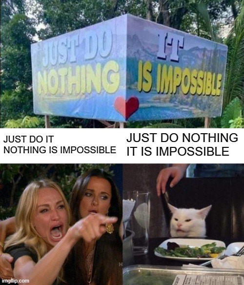 there was an attempt | JUST DO IT NOTHING IS IMPOSSIBLE; JUST DO NOTHING IT IS IMPOSSIBLE | image tagged in memes,woman yelling at cat,funny,sign fail,stop reading the tags,impossible | made w/ Imgflip meme maker