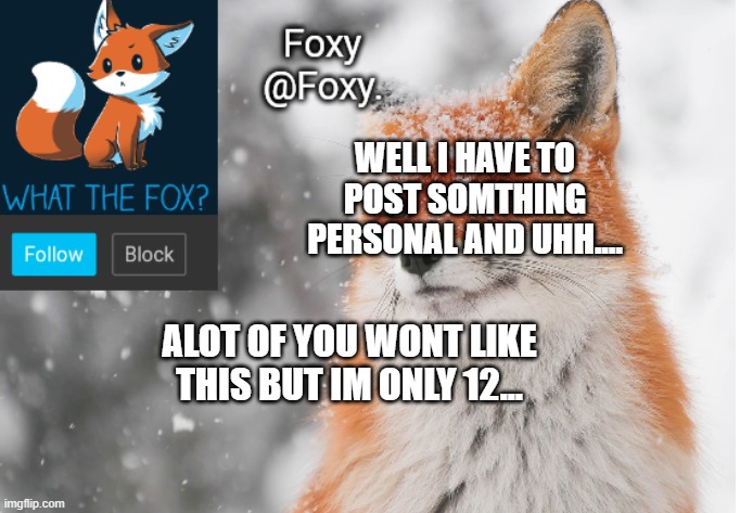 Foxy's announcement template | WELL I HAVE TO POST SOMTHING PERSONAL AND UHH.... ALOT OF YOU WONT LIKE THIS BUT IM ONLY 12... | image tagged in foxy's announcement template | made w/ Imgflip meme maker