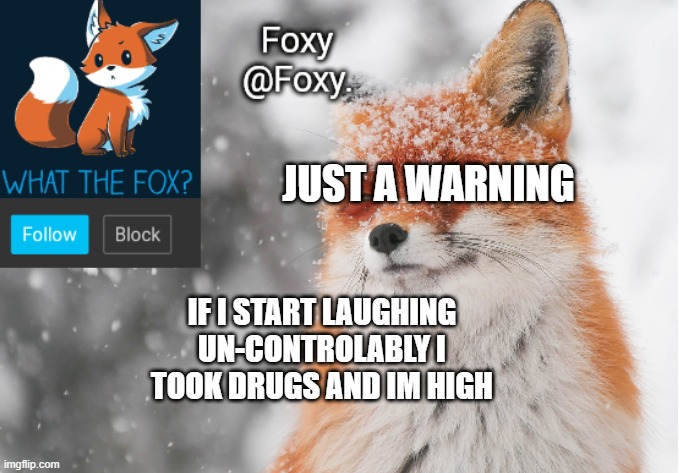 Foxy's announcement template | JUST A WARNING; IF I START LAUGHING UN-CONTROLABLY I TOOK DRUGS AND IM HIGH | image tagged in foxy's announcement template | made w/ Imgflip meme maker