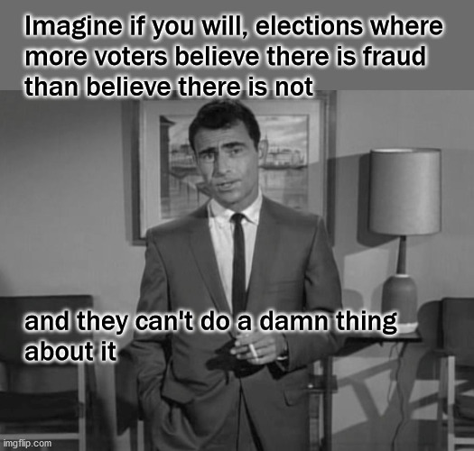 imagine a world without voter fraud | Imagine if you will, elections where
more voters believe there is fraud 
than believe there is not; and they can't do a damn thing
about it | image tagged in politics | made w/ Imgflip meme maker