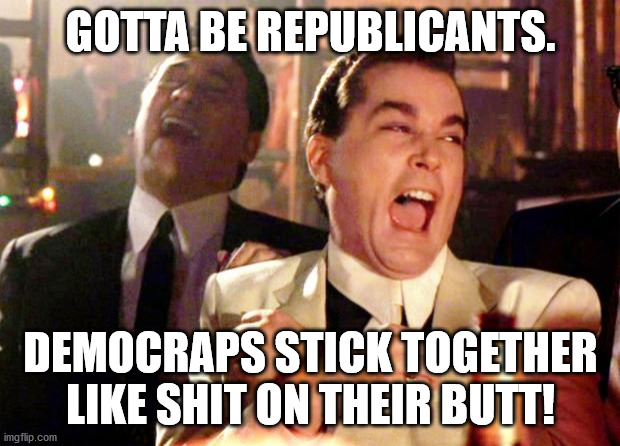Goodfellas Laugh | GOTTA BE REPUBLICANTS. DEMOCRAPS STICK TOGETHER LIKE SHIT ON THEIR BUTT! | image tagged in goodfellas laugh | made w/ Imgflip meme maker