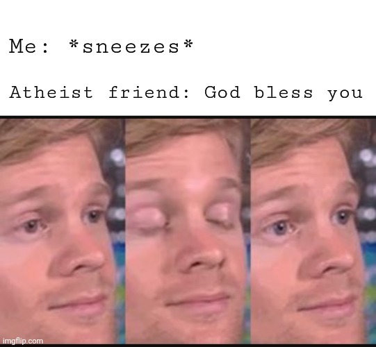 Blinking guy | Me: *sneezes*; Atheist friend: God bless you | image tagged in blinking guy | made w/ Imgflip meme maker
