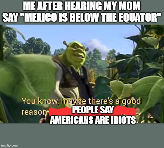 really mom MEXICO IS NOT UNDER THE EQUATOR | ME AFTER HEARING MY MOM SAY "MEXICO IS BELOW THE EQUATOR"; PEOPLE SAY AMERICANS ARE IDIOTS | image tagged in maybe there's a good reason donkeys shouldn't talk | made w/ Imgflip meme maker