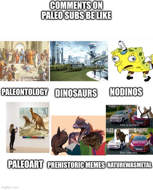 COMMENTS ON PALEO SUBS BE LIKE; NODINOS; PALEONTOLOGY; DINOSAURS; PALEOART; NATUREWASMETAL; PREHISTORIC MEMES | image tagged in PrehistoricMemes | made w/ Imgflip meme maker